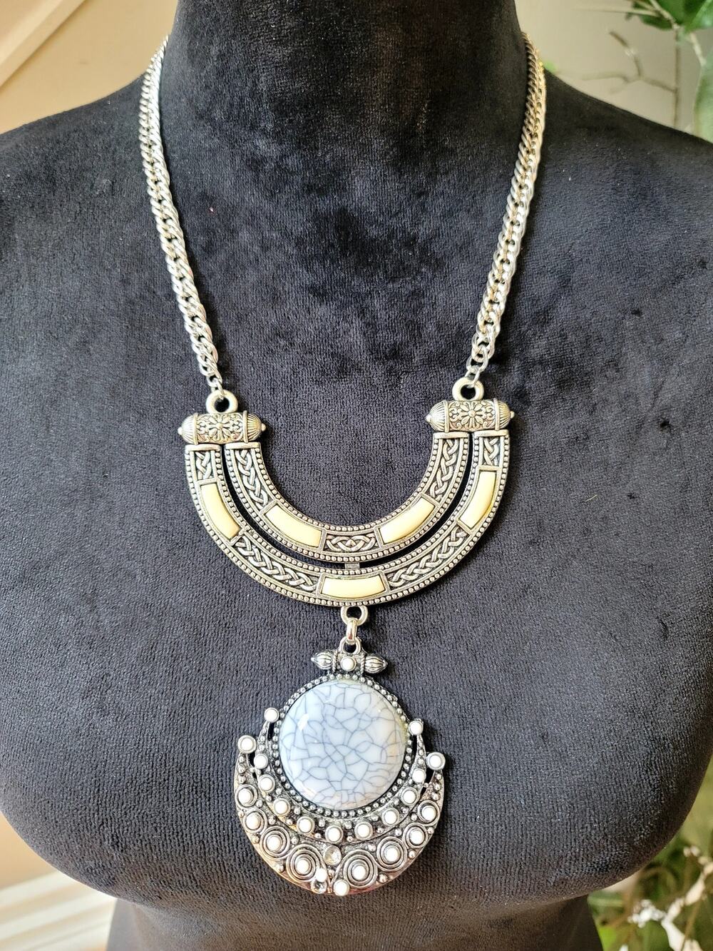 Antique Silver Tone Faux Turquoise Tribal Crescent Pendant Statement Necklace